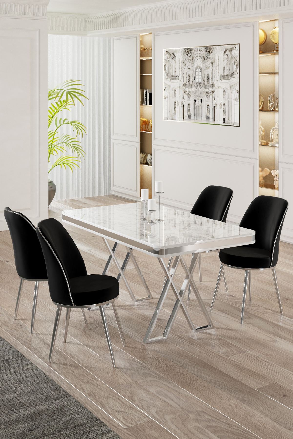 Conjunto de mesa de jantar e cadeiras – 130 cm x 74 cm x 80 cm – Branco, Cromo, Preto – Metal e Painel Laqueado