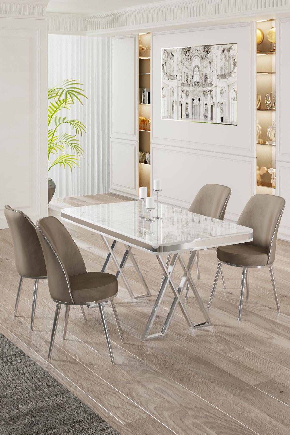 Conjunto de Mesa de Jantar e Cadeiras – 130cm x 74cm x 80cm – Branco, Cromo, Cappuccino – Metal, Babyface