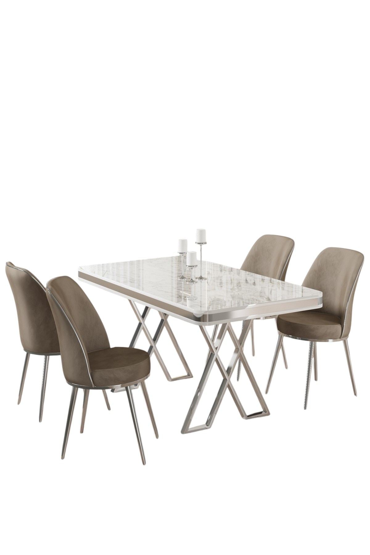 Conjunto de Mesa de Jantar e Cadeiras – 130cm x 74cm x 80cm – Branco, Cromo, Cappuccino – Metal, Babyface