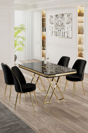 Conjunto de mesa de jantar e cadeiras – 130x80x74 cm – mármore preto, dourado, preto – metal