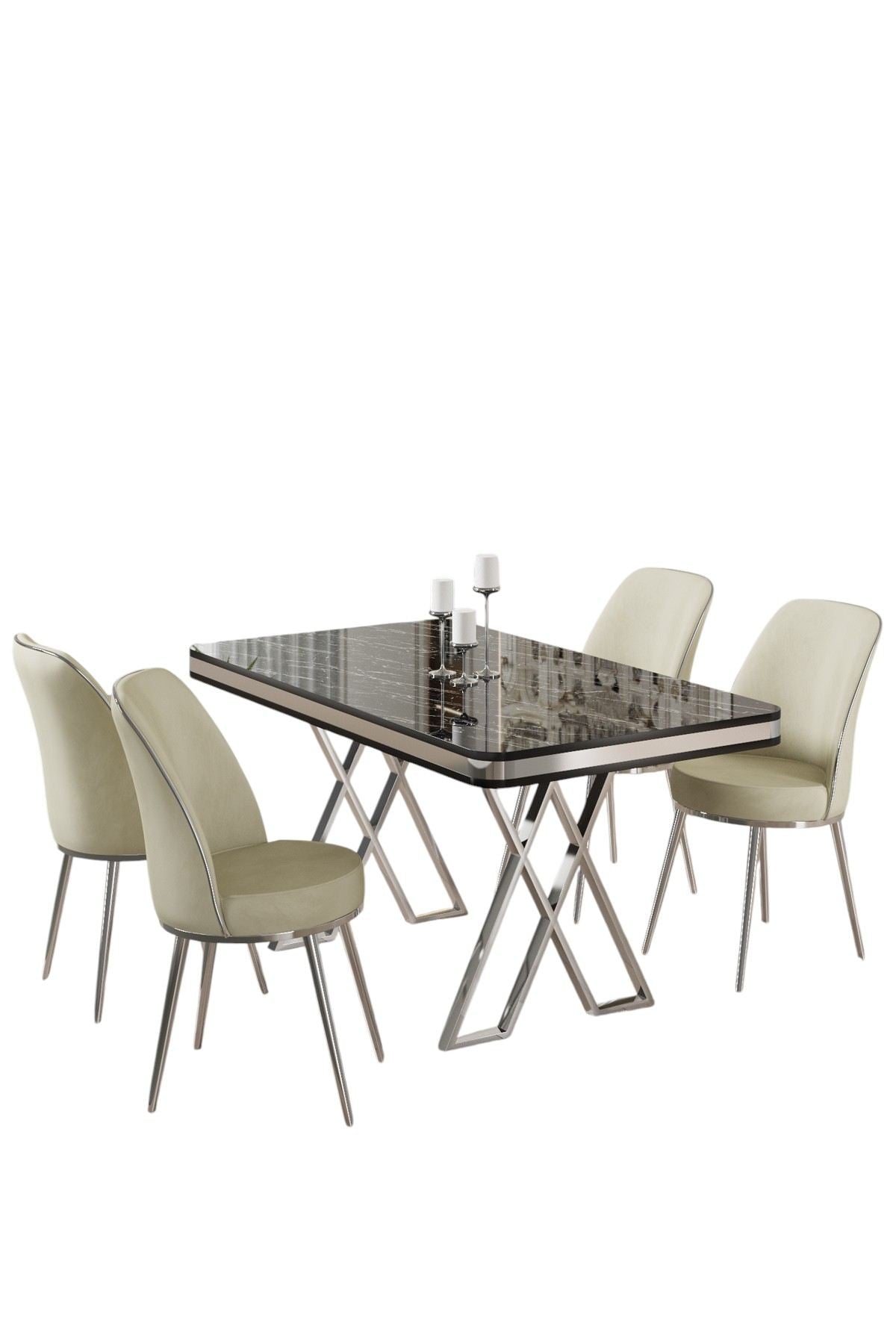 Conjunto de Mesa de Jantar e Cadeiras – 130x80x74cm – Mármore Preto, Cromado, Creme – Metal e Tecido