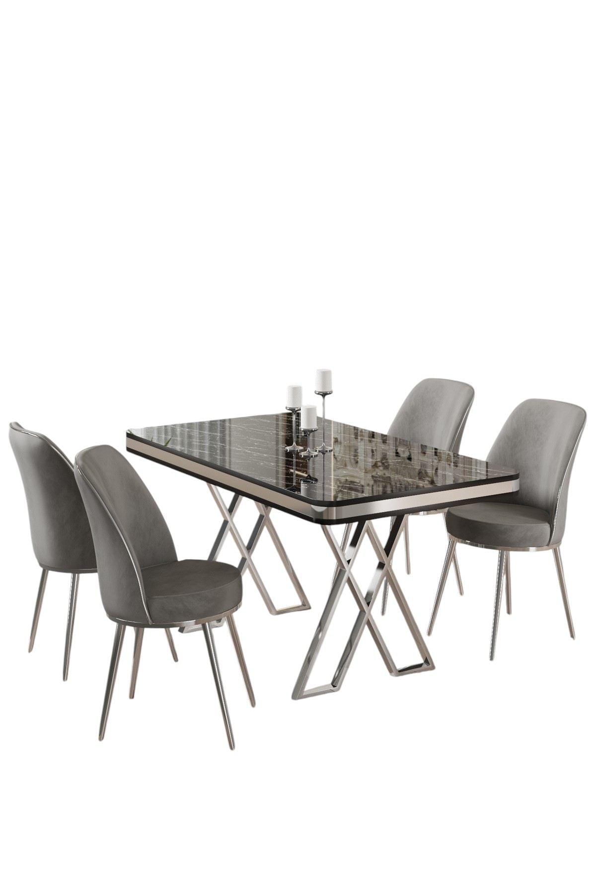 Conjunto de mesa de jantar e cadeiras – 130 cm x 74 cm x 80 cm – Mármore Preto, Cromo, Cinza – Painel laqueado e metal