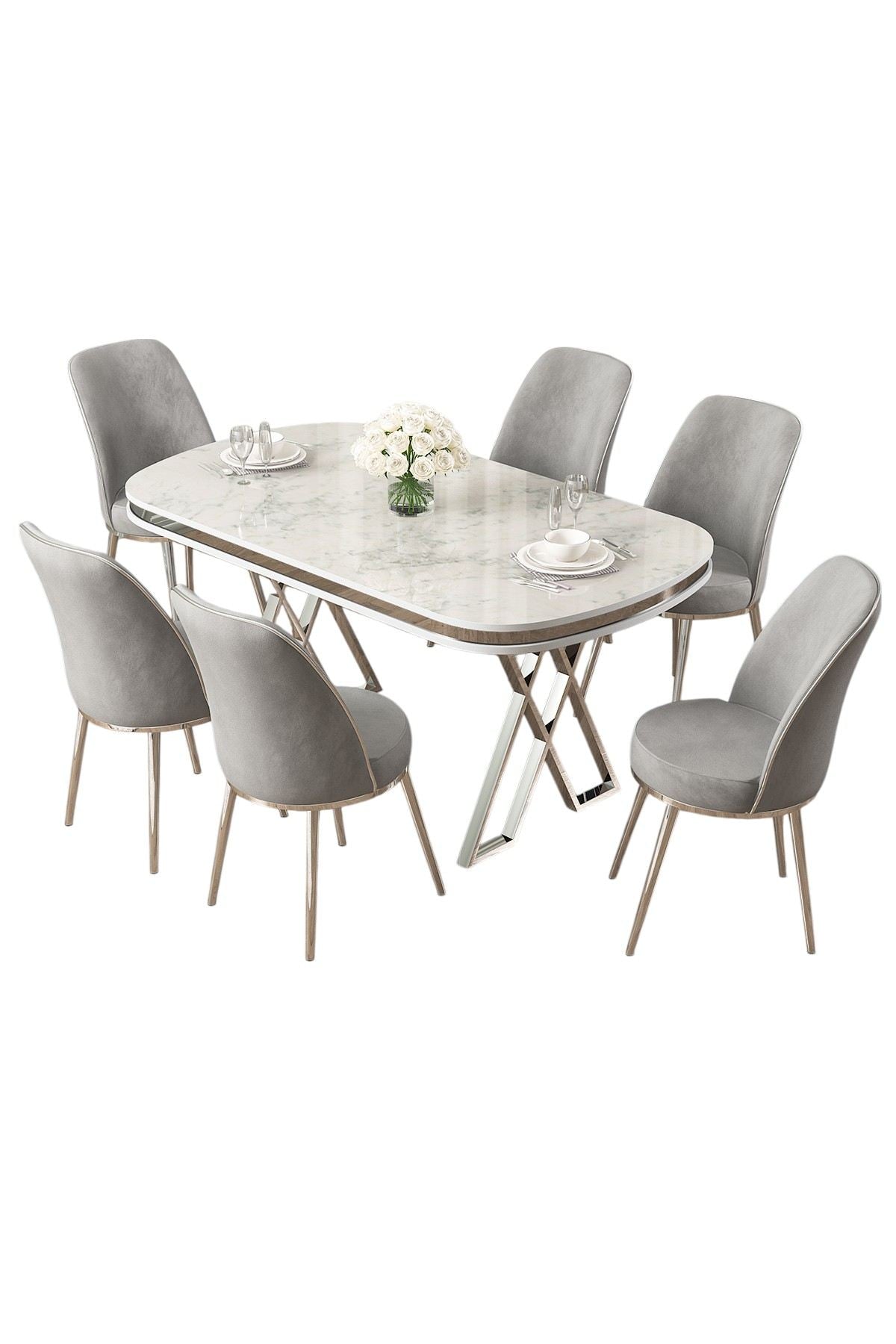 Conjunto de mesa de jantar e cadeiras – 168x90x76 cm – Branco, Cromo, Cinza – Metal e Tecido