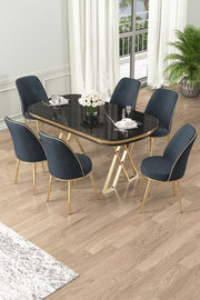 Conjunto de mesa de jantar e cadeiras (7 peças) – 168 cm x 76 cm x 90 cm – Mármore Preto, Dourado, Antracite – Painel Laqueado e Metal