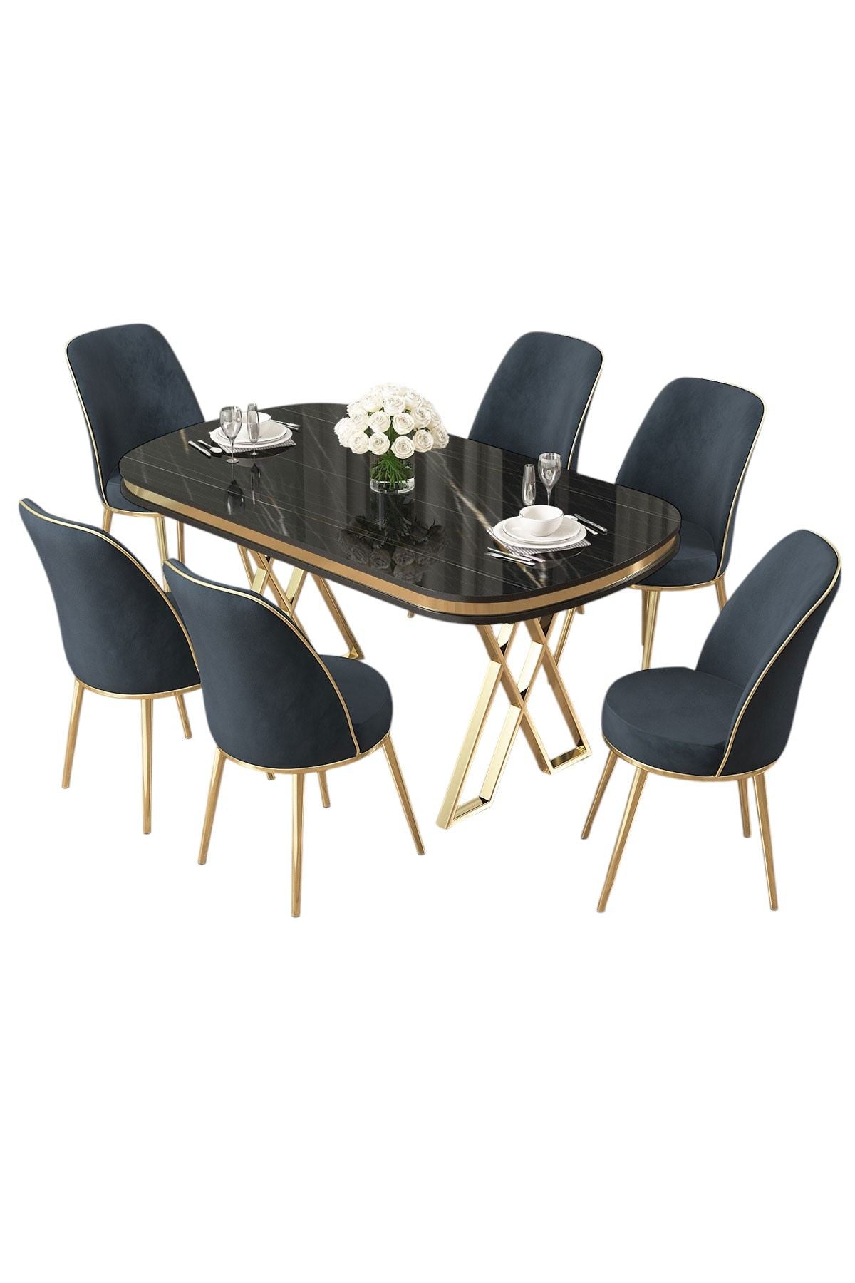 Conjunto de mesa de jantar e cadeiras (7 peças) – 168 cm x 76 cm x 90 cm – Mármore Preto, Dourado, Antracite – Painel Laqueado e Metal