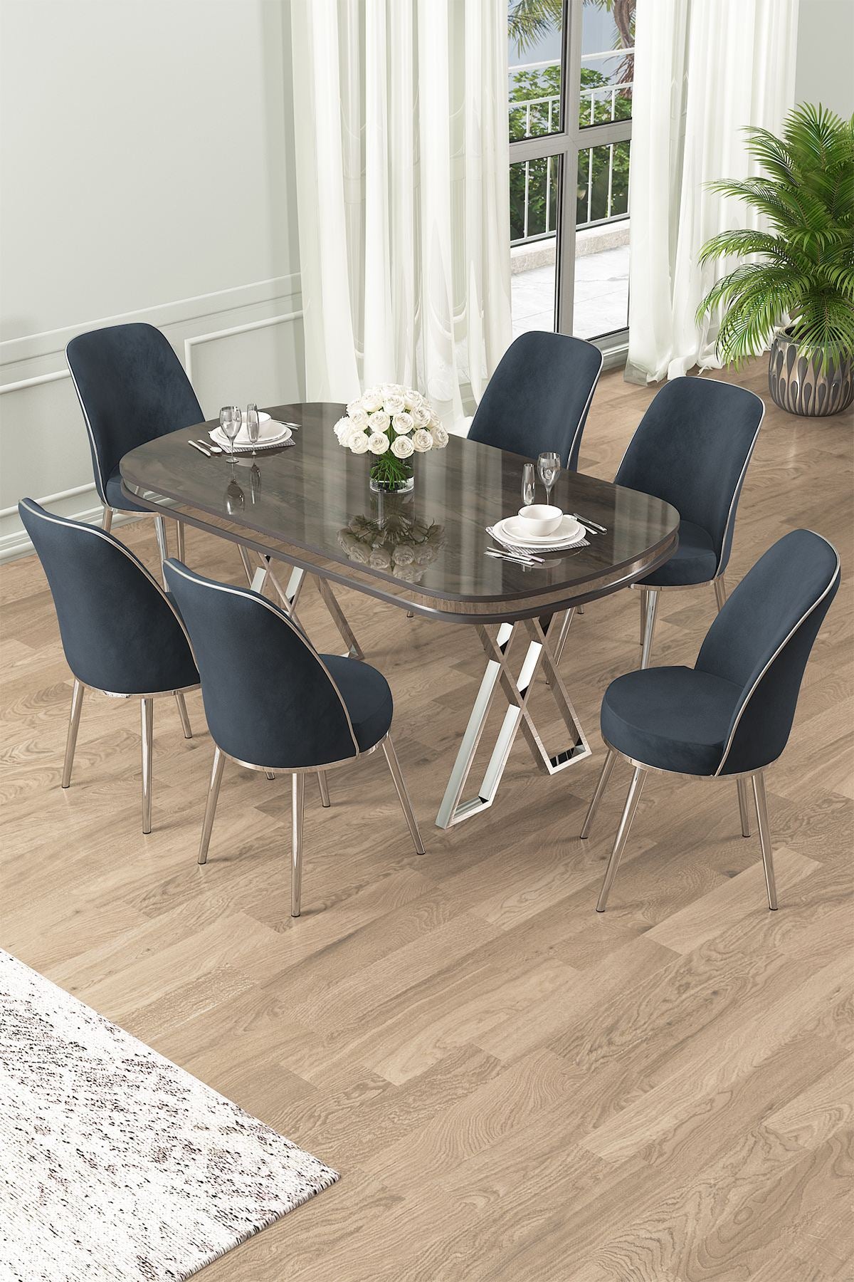 Conjunto de mesa de jantar e cadeiras – 168 cm x 76 cm x 90 cm – Antracite e Cromo – Painel laqueado e metal