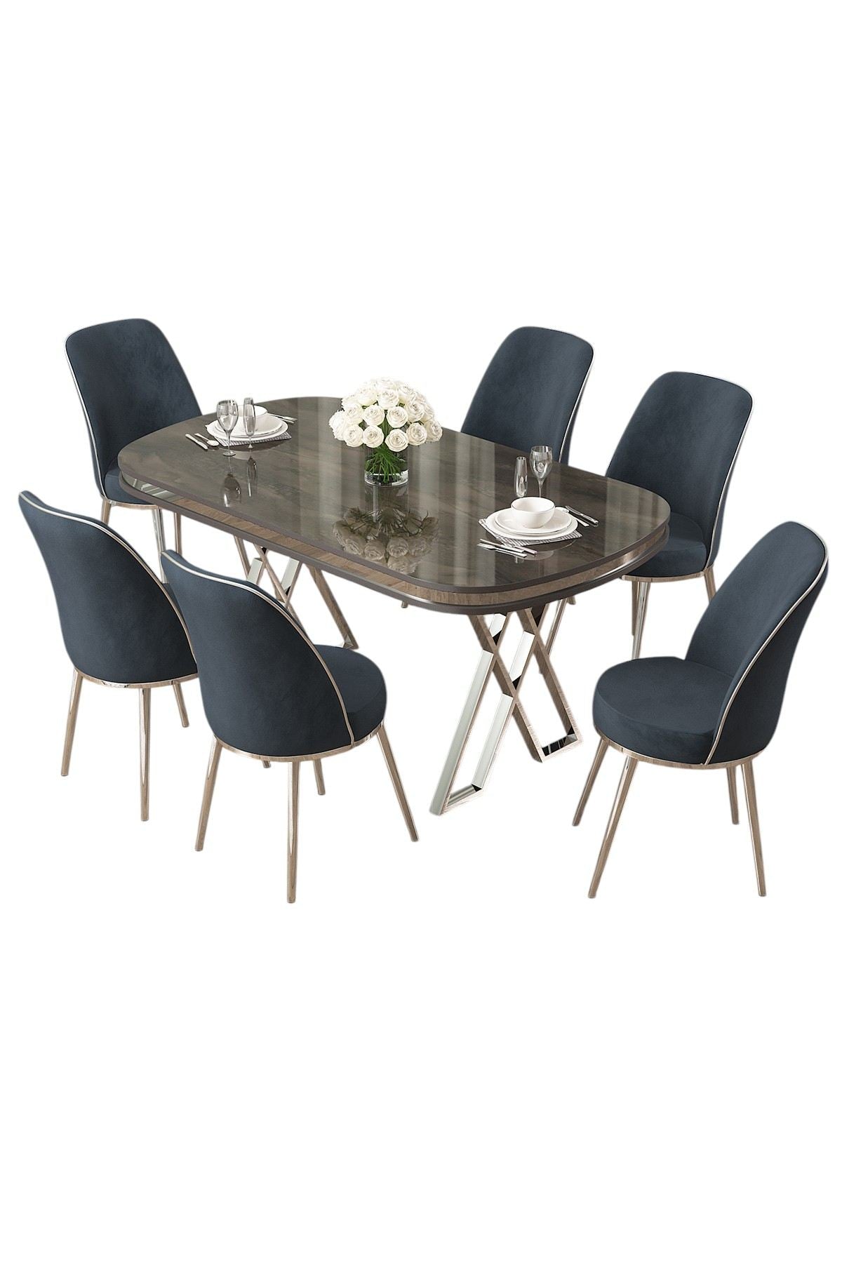 Conjunto de mesa de jantar e cadeiras – 168 cm x 76 cm x 90 cm – Antracite e Cromo – Painel laqueado e metal