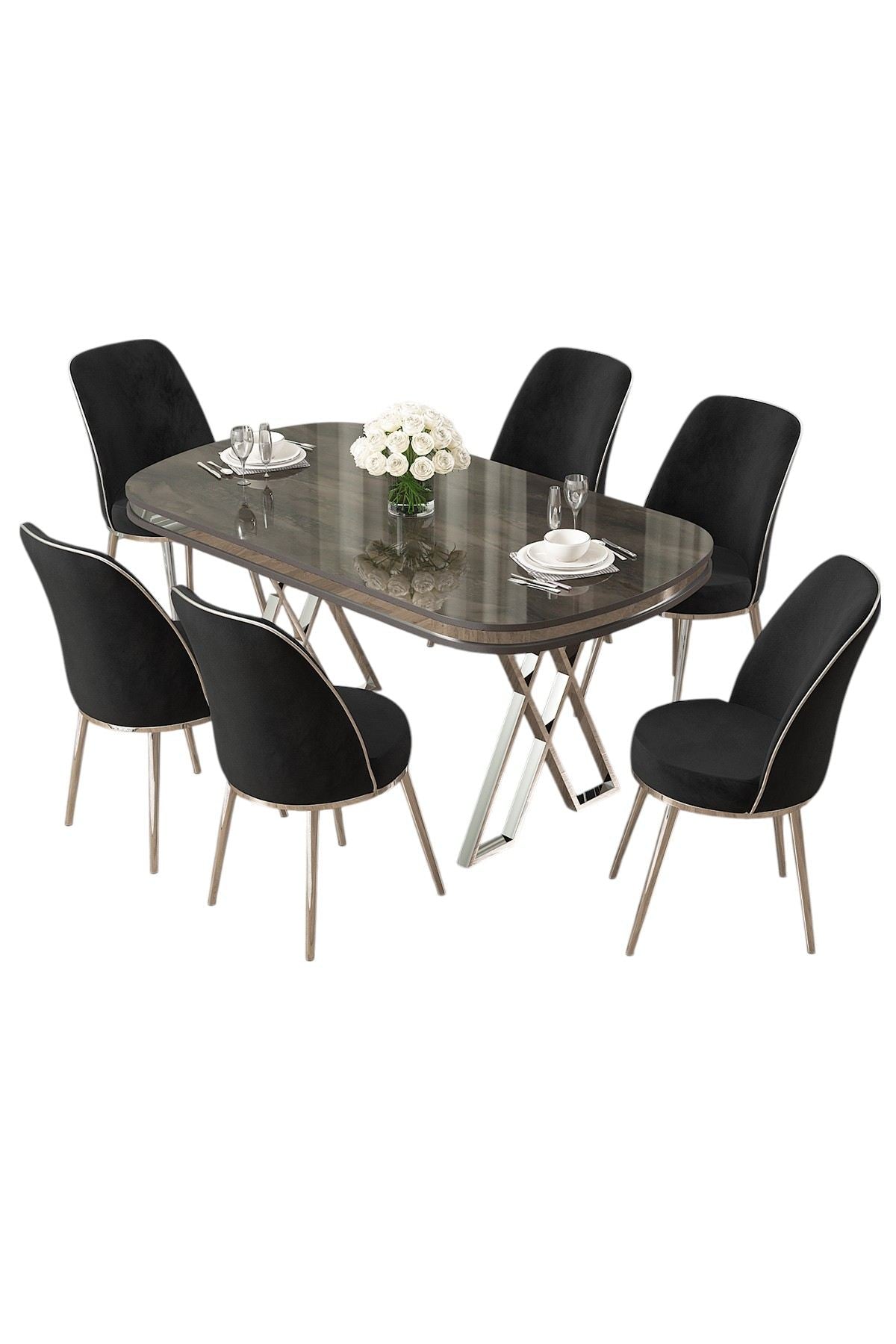 Conjunto de mesa de jantar e cadeiras – 168x90x76 cm – Antracite, Cromado, Preto – Metal
