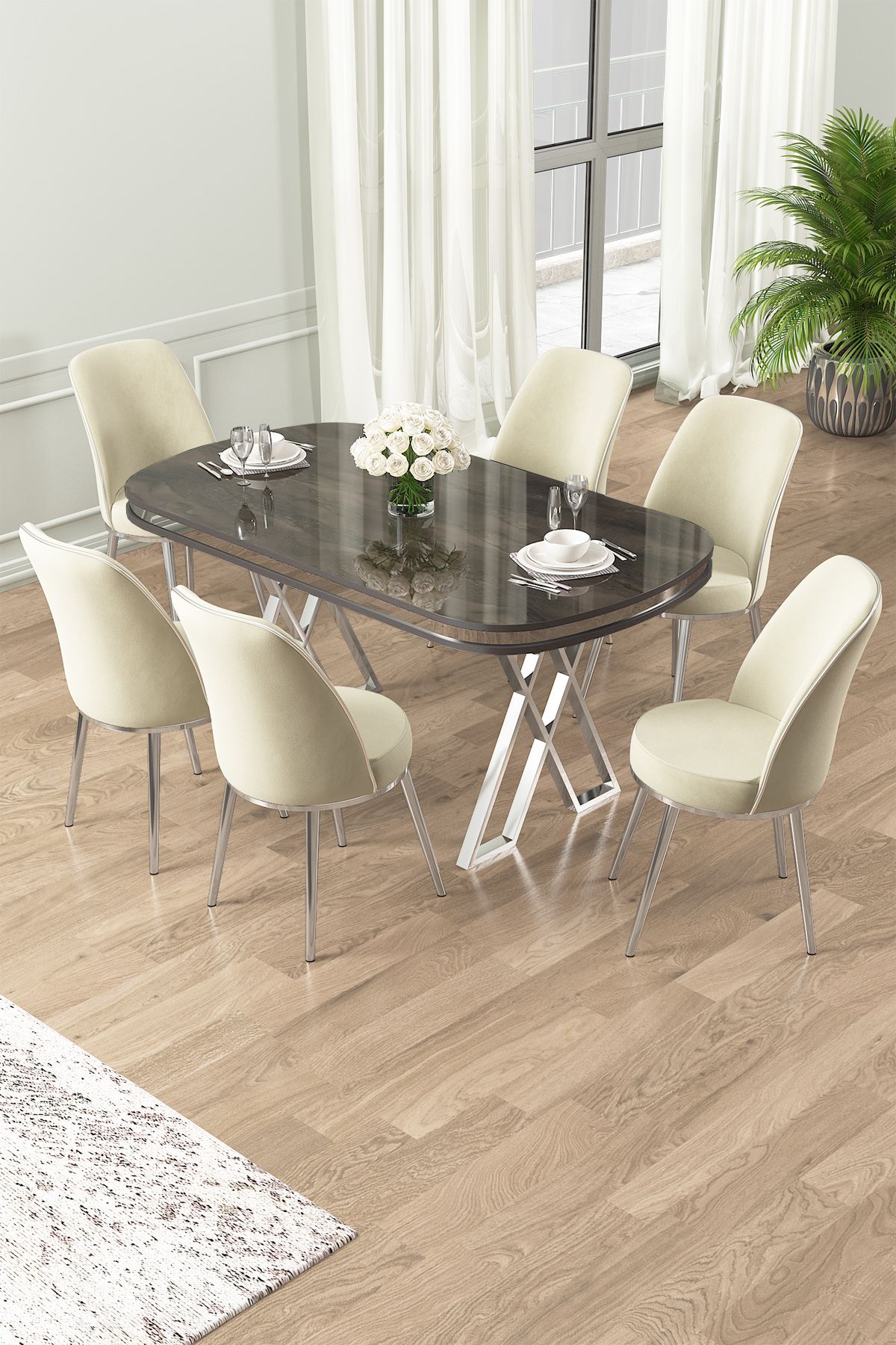 Conjunto de mesa de jantar e cadeiras – 168cm x 76cm x 90cm – Antracite, Cromo, Creme – Metal, Laqueado