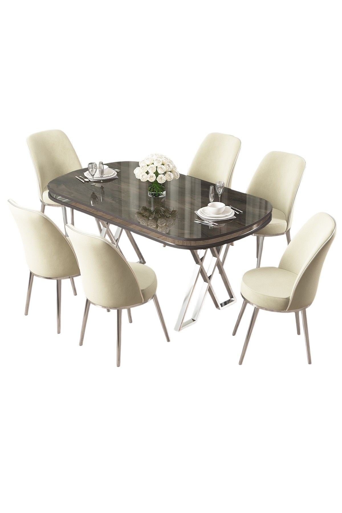 Conjunto de mesa de jantar e cadeiras – 168cm x 76cm x 90cm – Antracite, Cromo, Creme – Metal, Laqueado