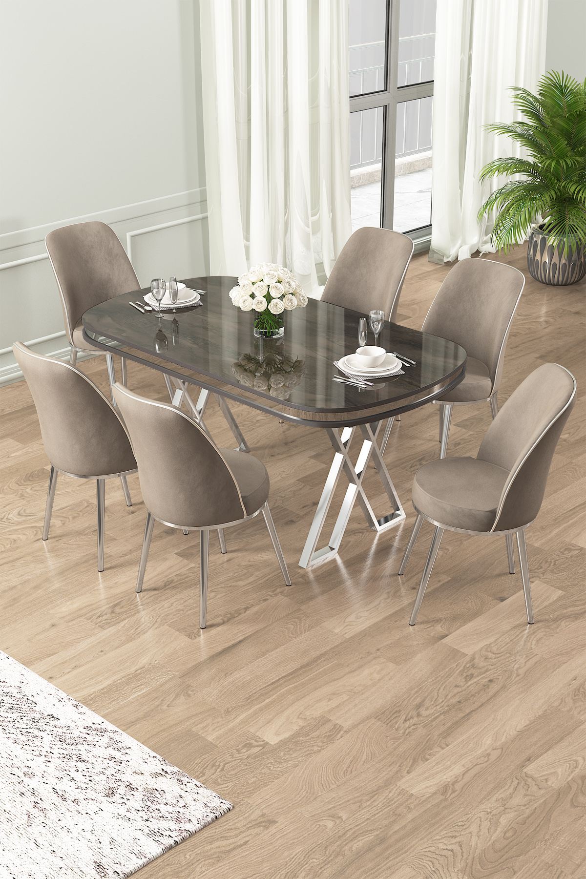 Conjunto de mesa de jantar e cadeiras (7 peças) – 168x90x76 cm – Antracite, Cromado, Cappuccino – Metal