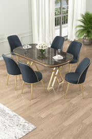 Conjunto de mesa de jantar e cadeiras – 168x90x76 cm – Antracite e Dourado – Painel laqueado e Metal
