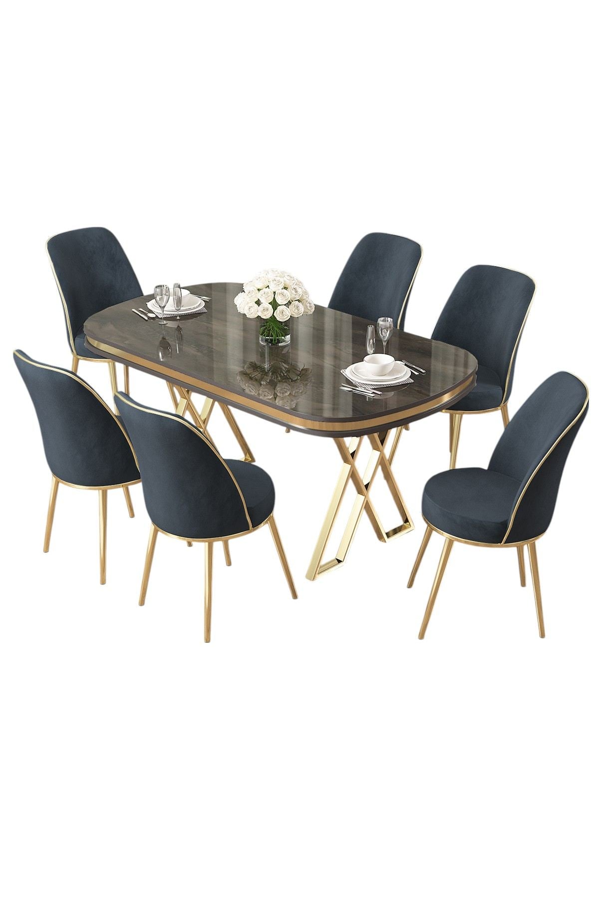 Conjunto de mesa de jantar e cadeiras – 168x90x76 cm – Antracite e Dourado – Painel laqueado e Metal