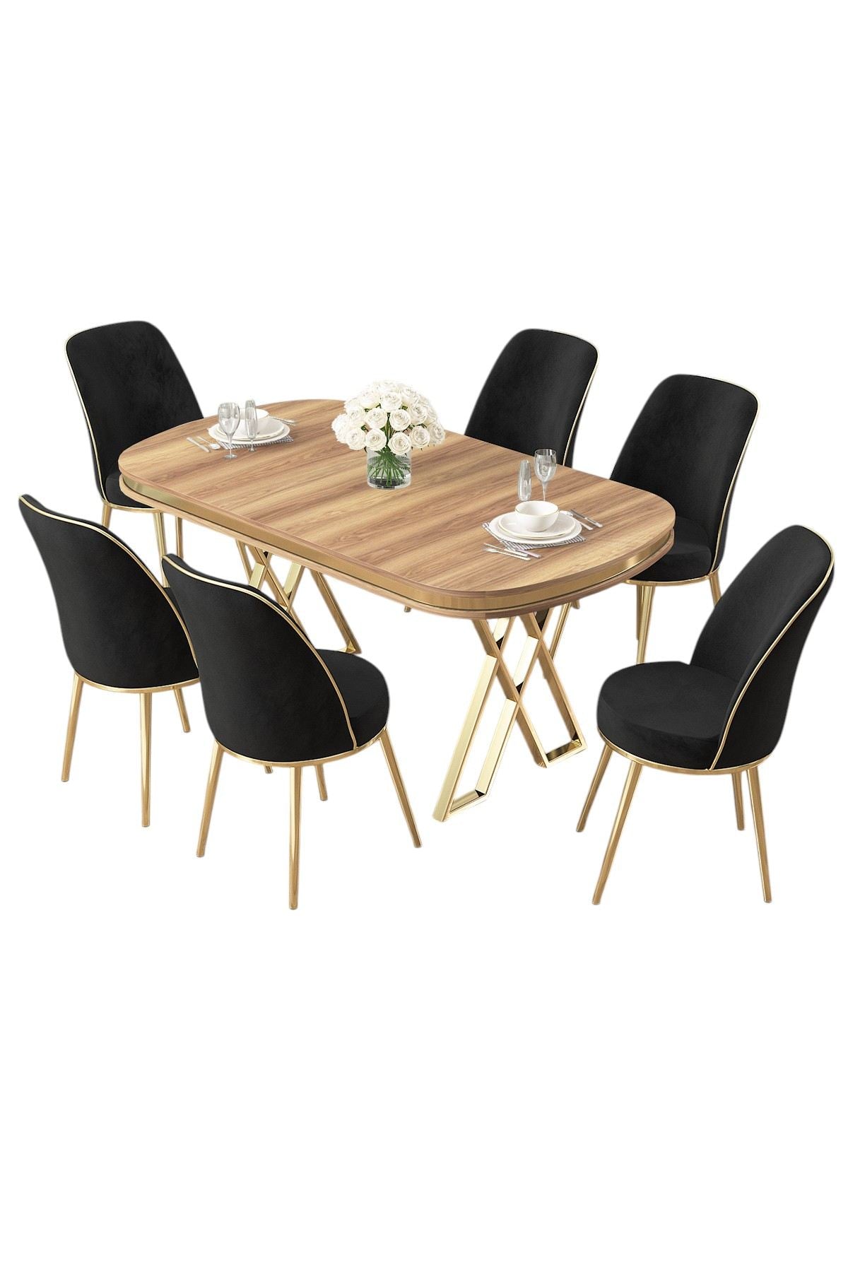 Conjunto de mesa de jantar e cadeiras – 168 cm x 90 cm x 76 cm – Nogueira clara, Dourado, Preto – Metal