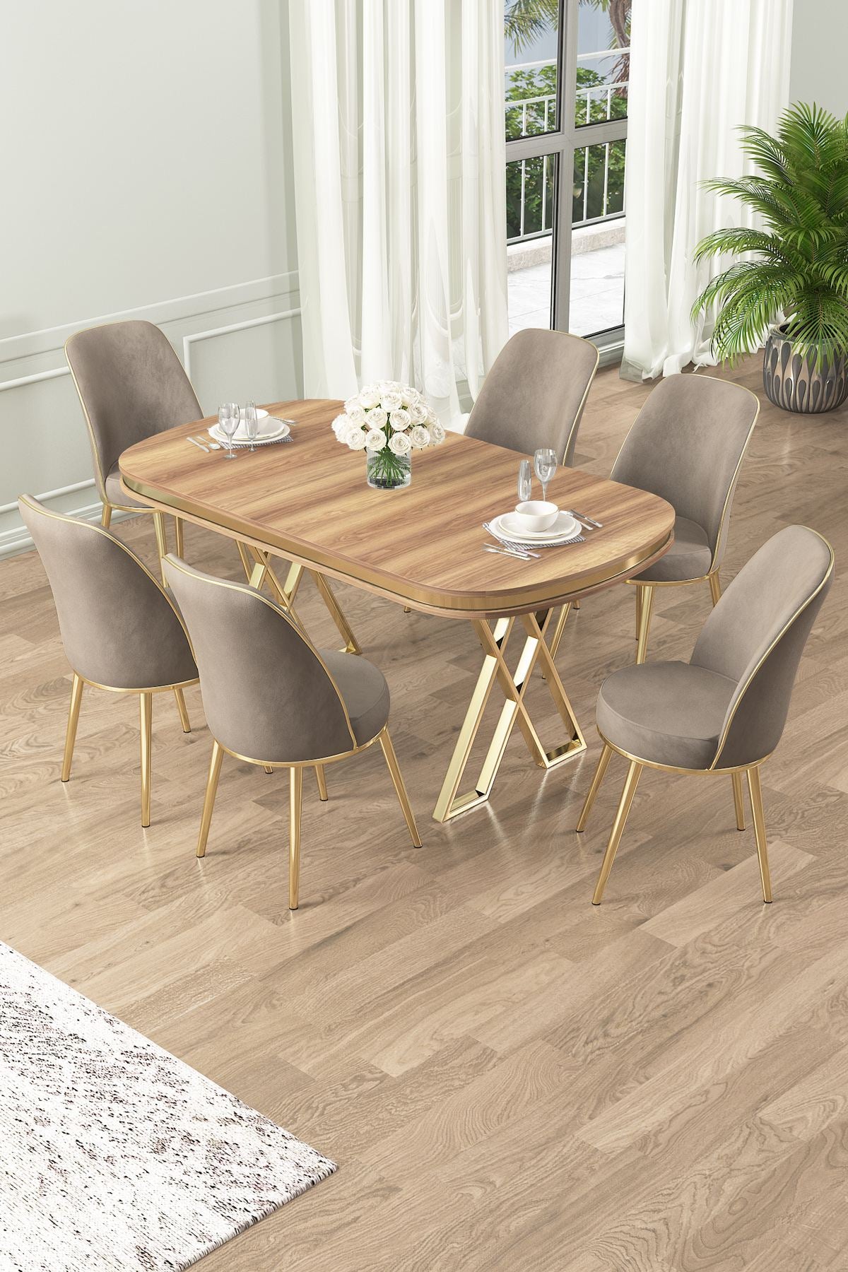 Conjunto de mesa de jantar e cadeiras – 168 cm x 76 cm x 90 cm – Noz Claro, Ouro, Cappuccino – painel laqueado e metal