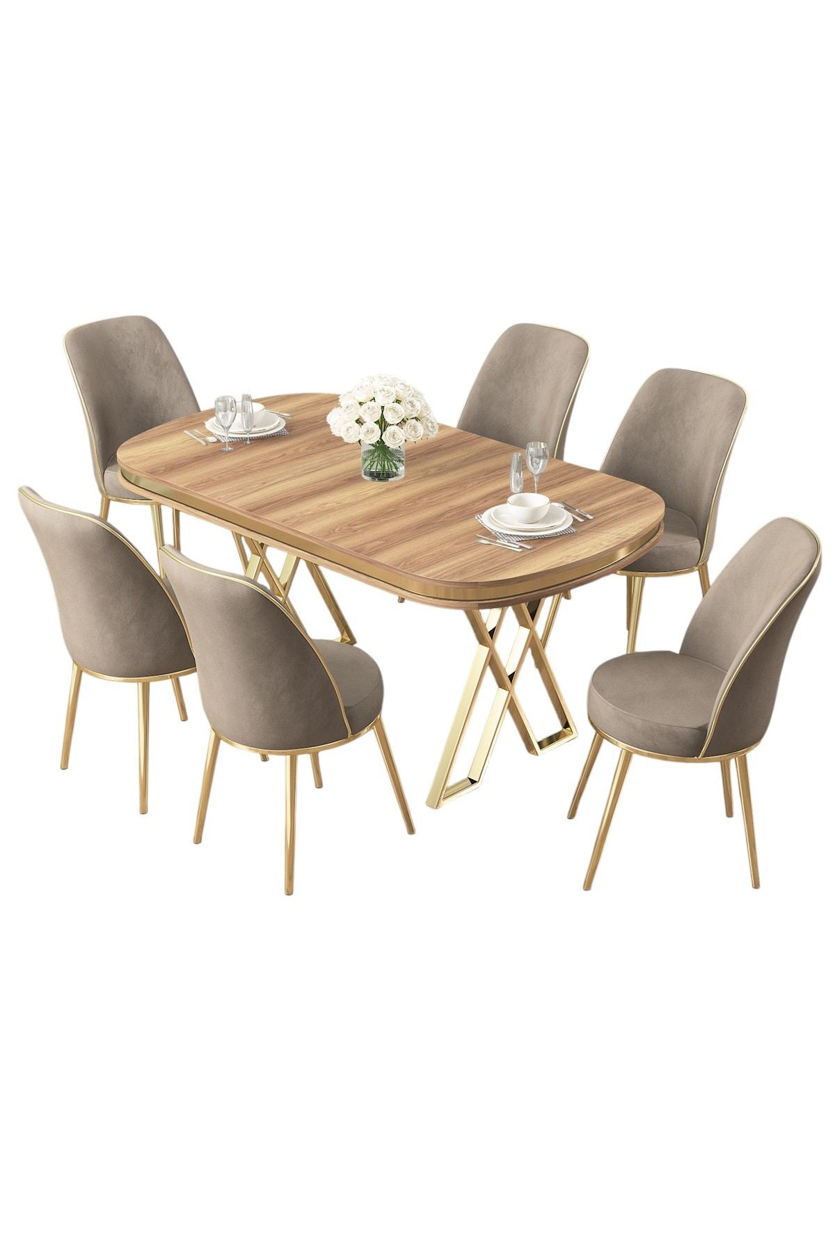 Conjunto de mesa de jantar e cadeiras – 168 cm x 76 cm x 90 cm – Noz Claro, Ouro, Cappuccino – painel laqueado e metal