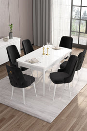 Conjunto de Mesa de Jantar Extensível e Cadeiras – 132 cm largura – Branco e Preto – MDF e Compensado