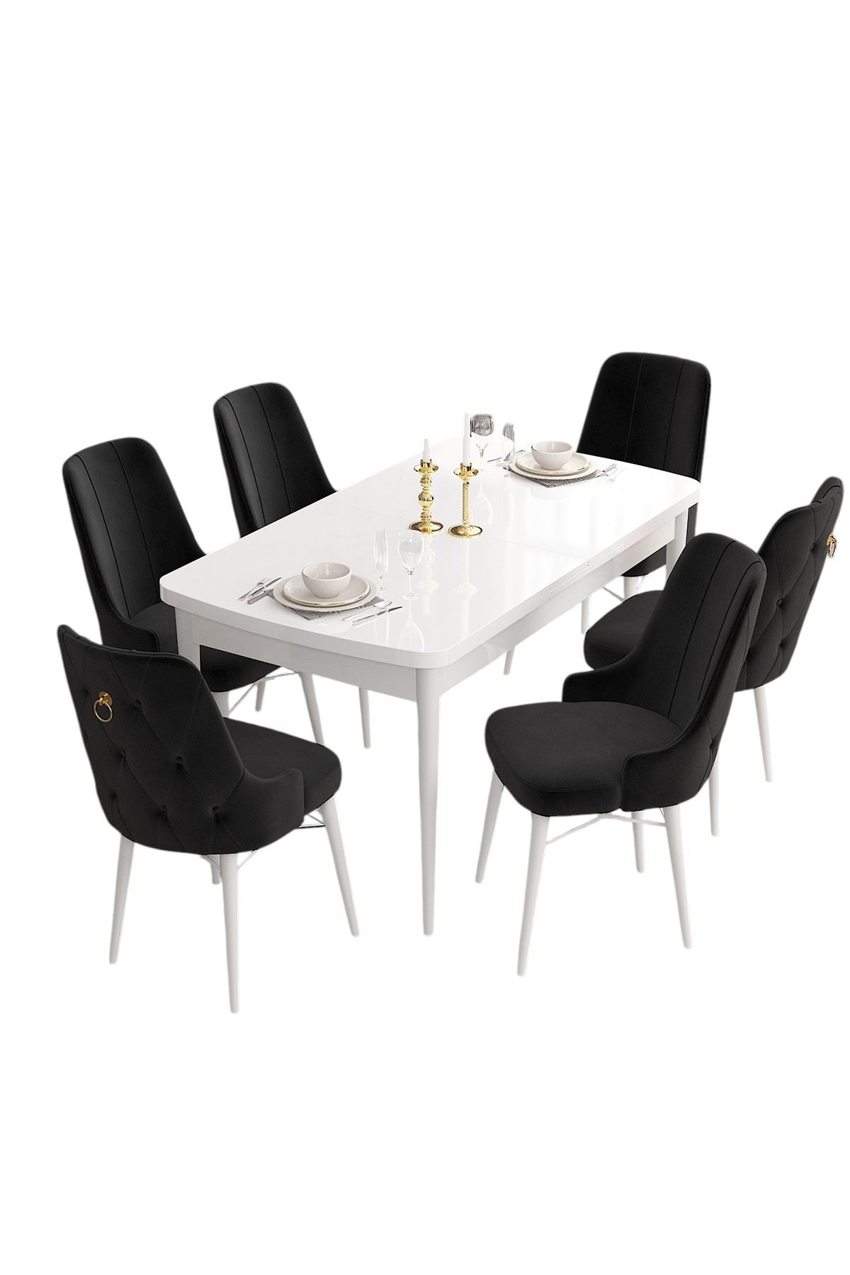 Conjunto de Mesa de Jantar Extensível e Cadeiras – 132 cm largura – Branco e Preto – MDF e Compensado
