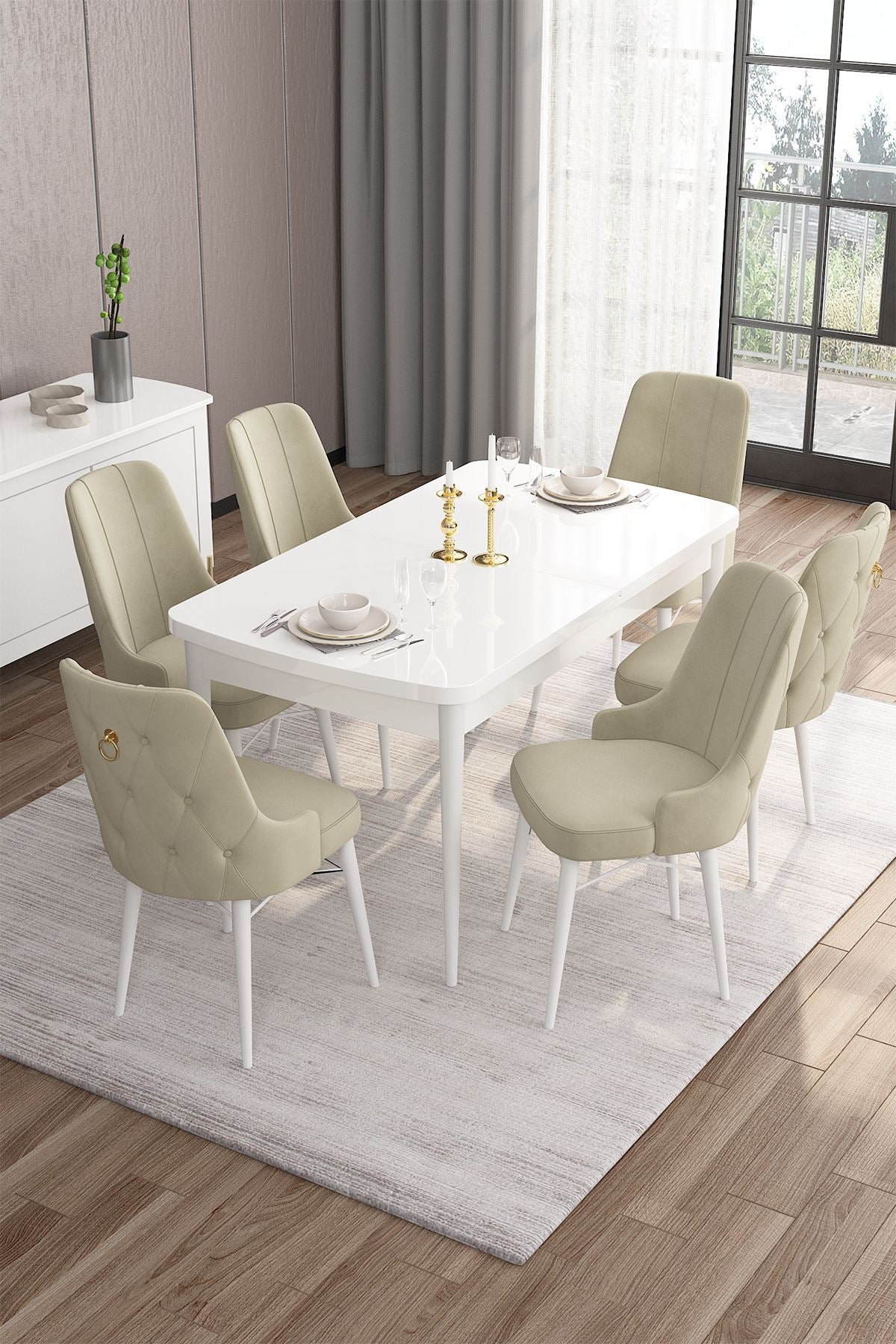 Conjunto de Mesa de Jantar Extensível e Cadeiras – 132 cm a 170 cm – Branco e Creme – MDF e Compensado