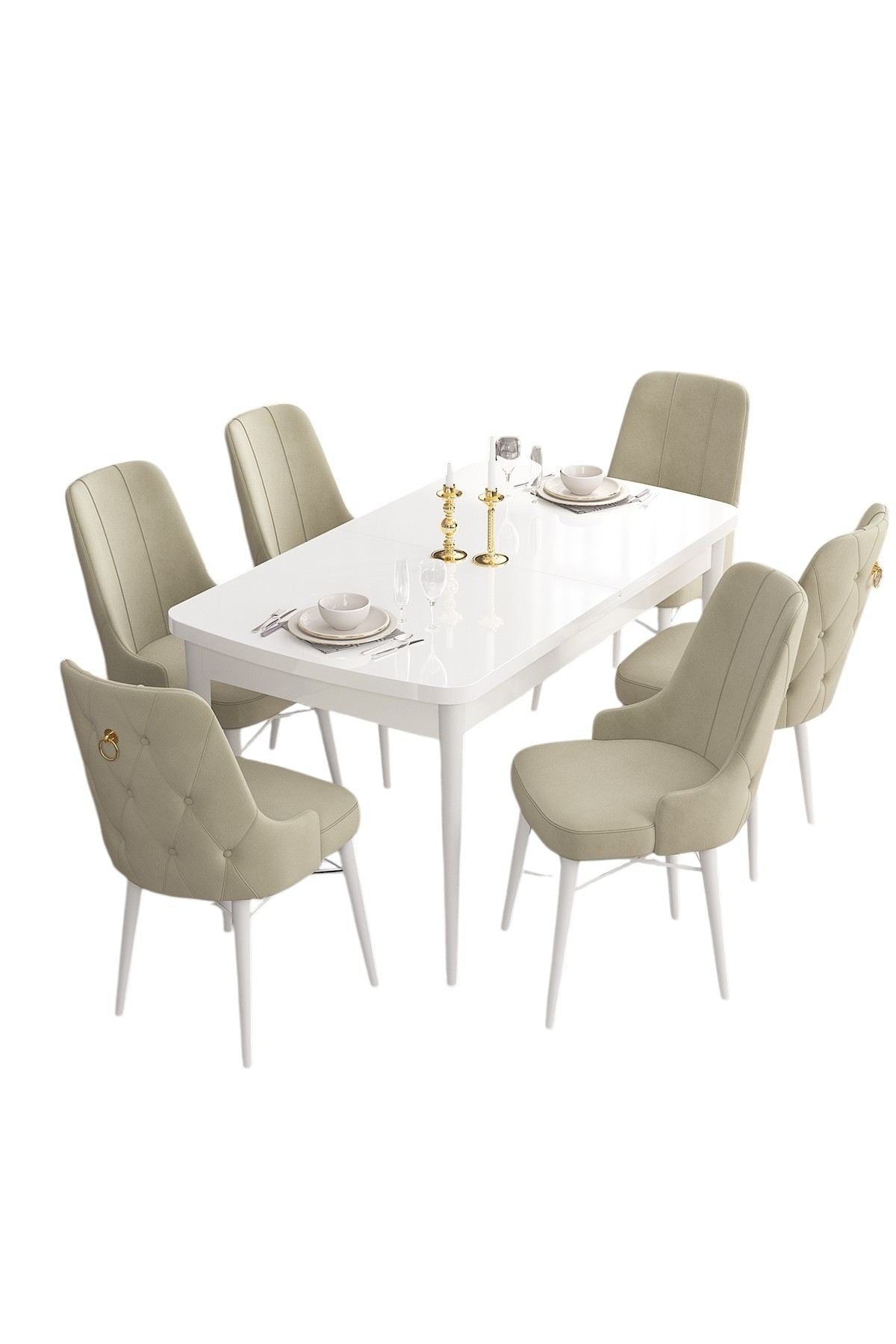 Conjunto de Mesa de Jantar Extensível e Cadeiras – 132 cm a 170 cm – Branco e Creme – MDF e Compensado