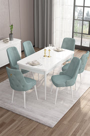 Conjunto de mesa de jantar extensível e cadeiras – 132 cm a 170 cm – Branco e Verde-Marinho – MDF e compensado
