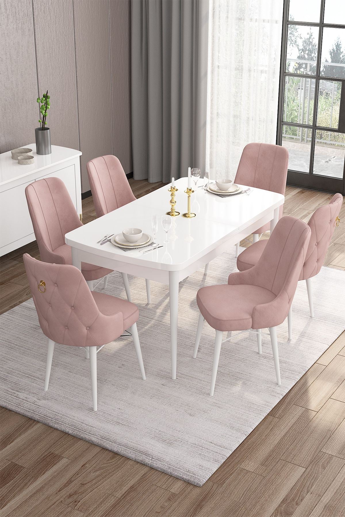 Conjunto de Mesa de Jantar Extensível e Cadeiras (7 peças) – 132x80x78cm/170x80x78cm – Branco e Rosa – MDF e Madeira