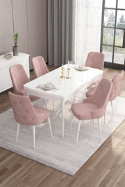 Conjunto de Mesa de Jantar Extensível e Cadeiras (7 peças) – 132x80x78cm/170x80x78cm – Branco e Rosa – MDF e Madeira