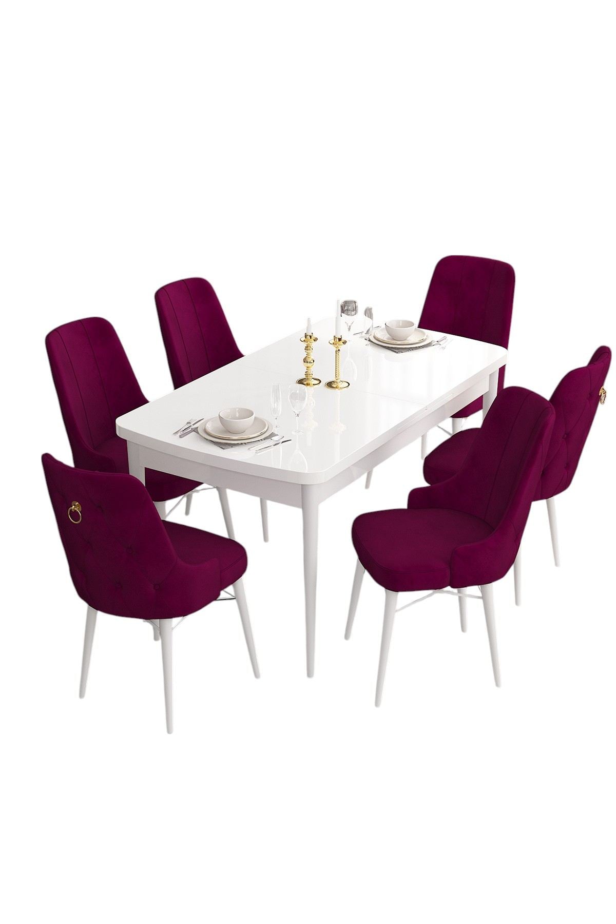 Conjunto de Mesa de Jantar Extensível e Cadeiras (7 peças) – 132 cm largura – Branco e Damasco – MDF e Compensado