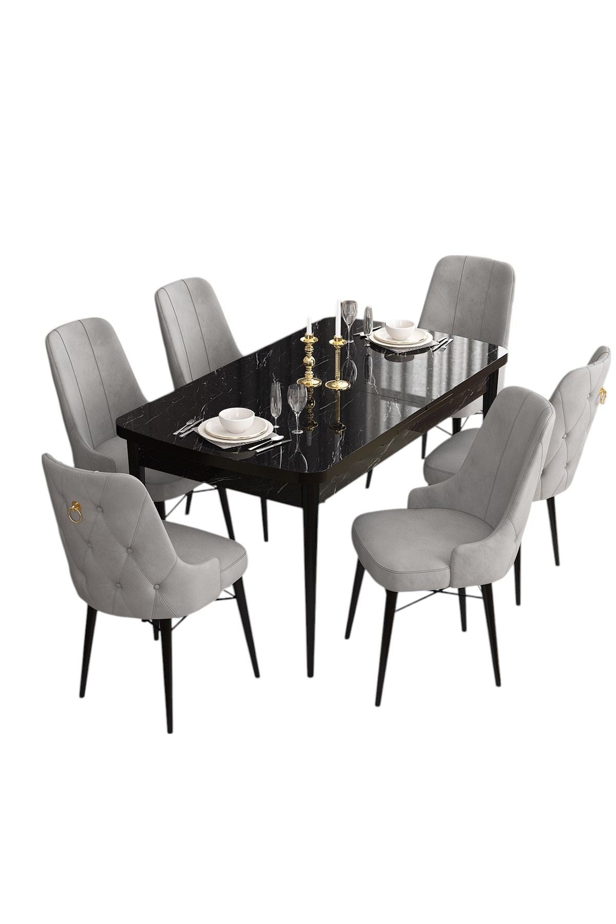 Conjunto de mesa de jantar extensível e cadeiras – 132x80x78 cm (mesa fechada) – Mármore Preto e Cinza – MDF