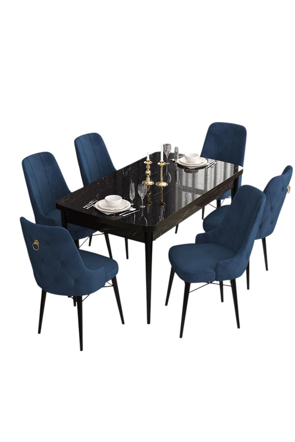 Conjunto de mesa de jantar extensível e cadeiras (7 peças) – 132 cm x 78 cm x 80 cm (estendido 170 cm) – Mármore Preto e Azul Marinho – MDF e Compensado