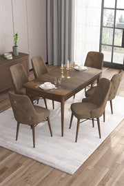Conjunto de mesa de jantar extensível e cadeiras – 132 cm a 170 cm – Marrom e Barroco – MDF e Compensado