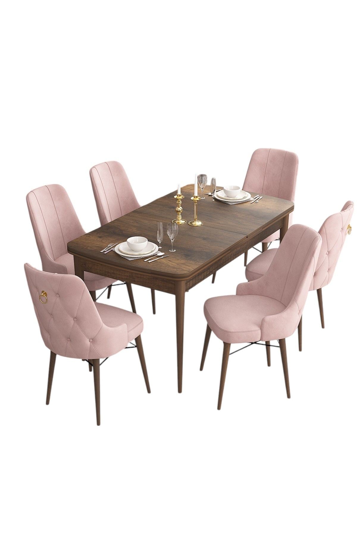 Conjunto de mesa de jantar extensível e cadeiras – 132 cm x 78 cm x 80 cm – Barroco e Rosa – MDF e compensado