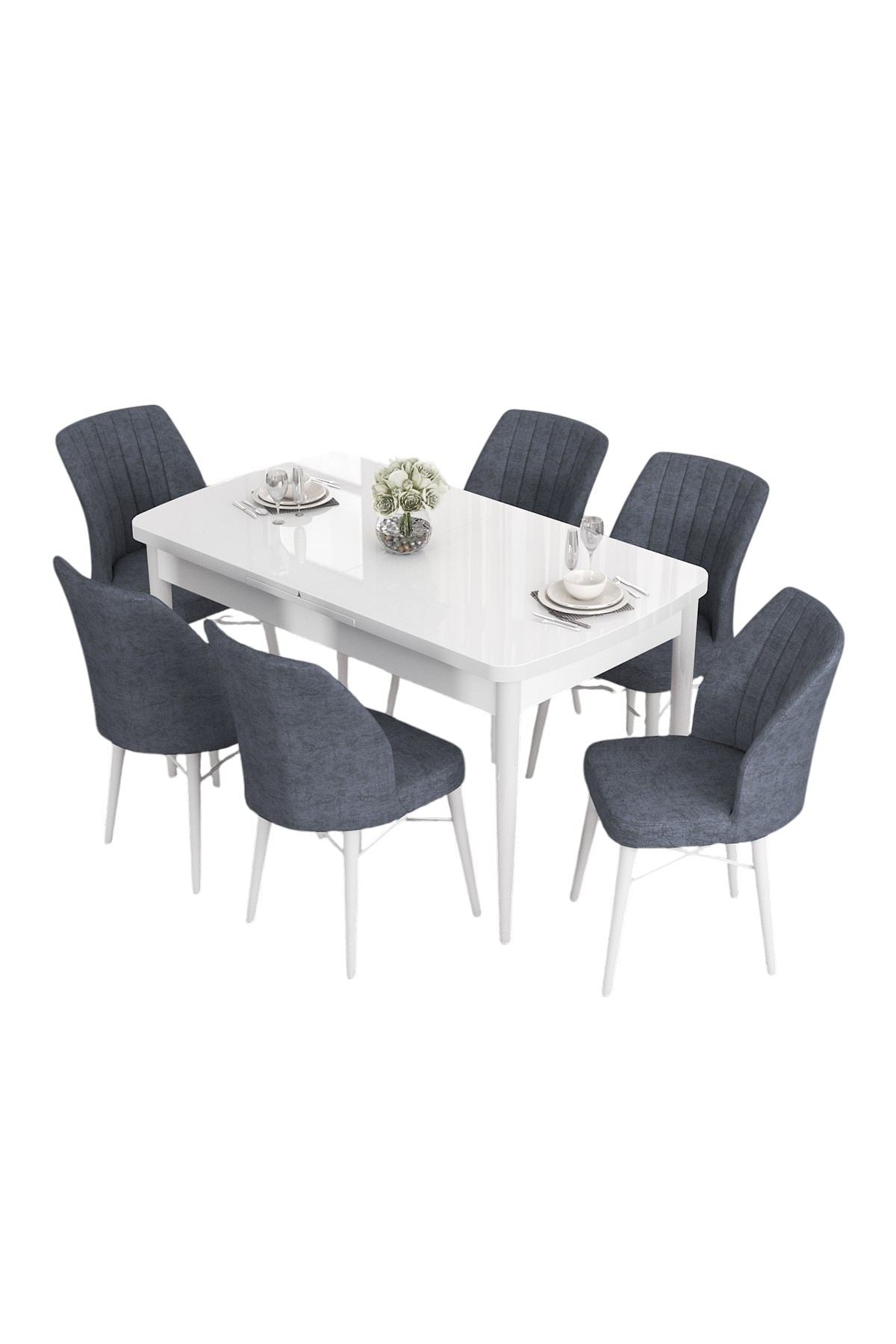 Conjunto de mesa de jantar extensível e cadeiras (7 peças) – 132 cm x 78 cm x 80 cm – Branco e Fumê – MDF e Metal
