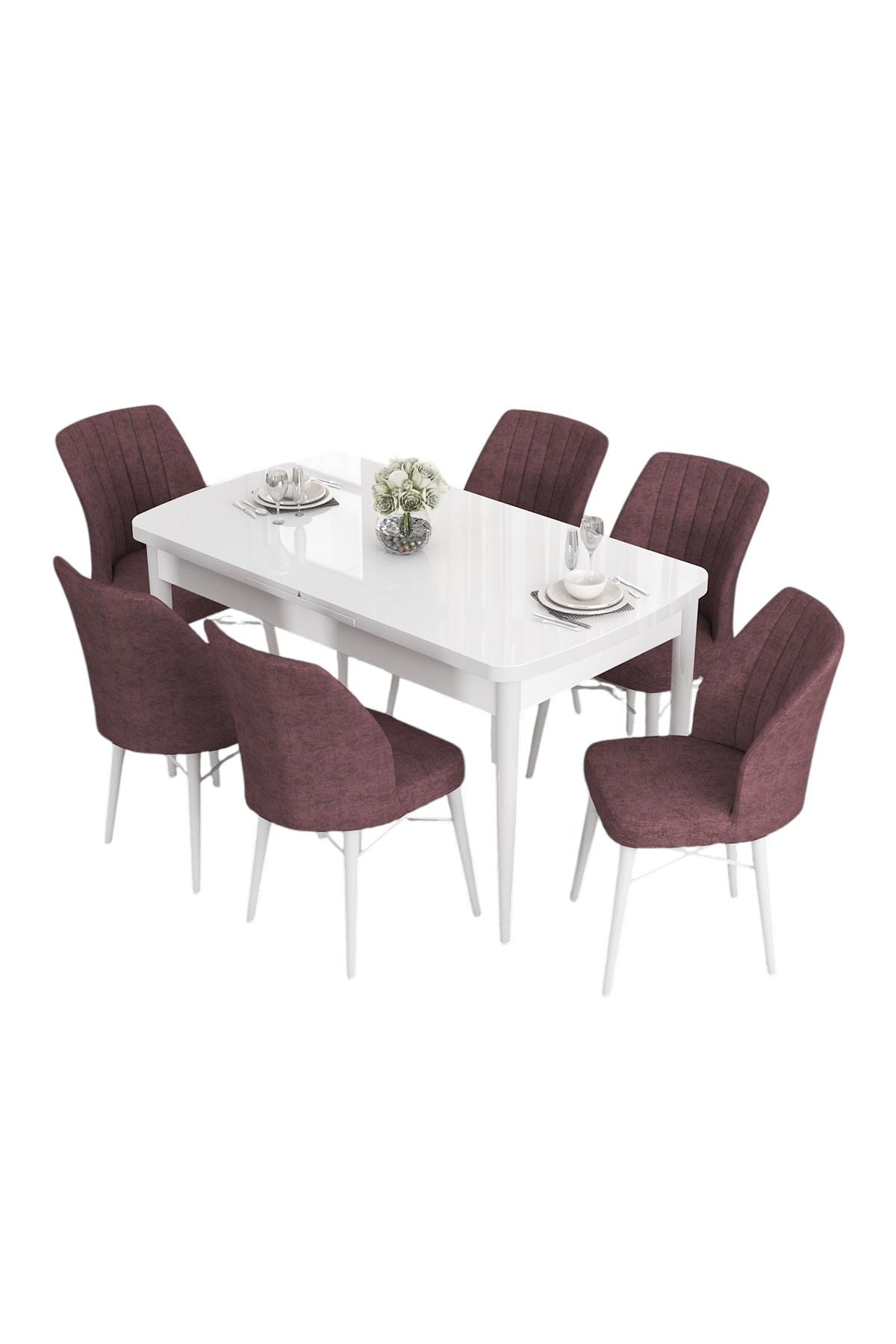 Conjunto de Mesa de Jantar Extensível e Cadeiras (7 peças) – 132 cm x 78 cm x 80 cm – Branco e Rosa Envelhecido – MDF e Metal