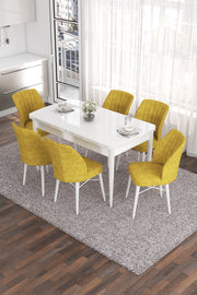 Conjunto de mesa de jantar extensível e cadeiras (7 peças) – 132-170 cm – Branco e Mostarda – MDF e metal