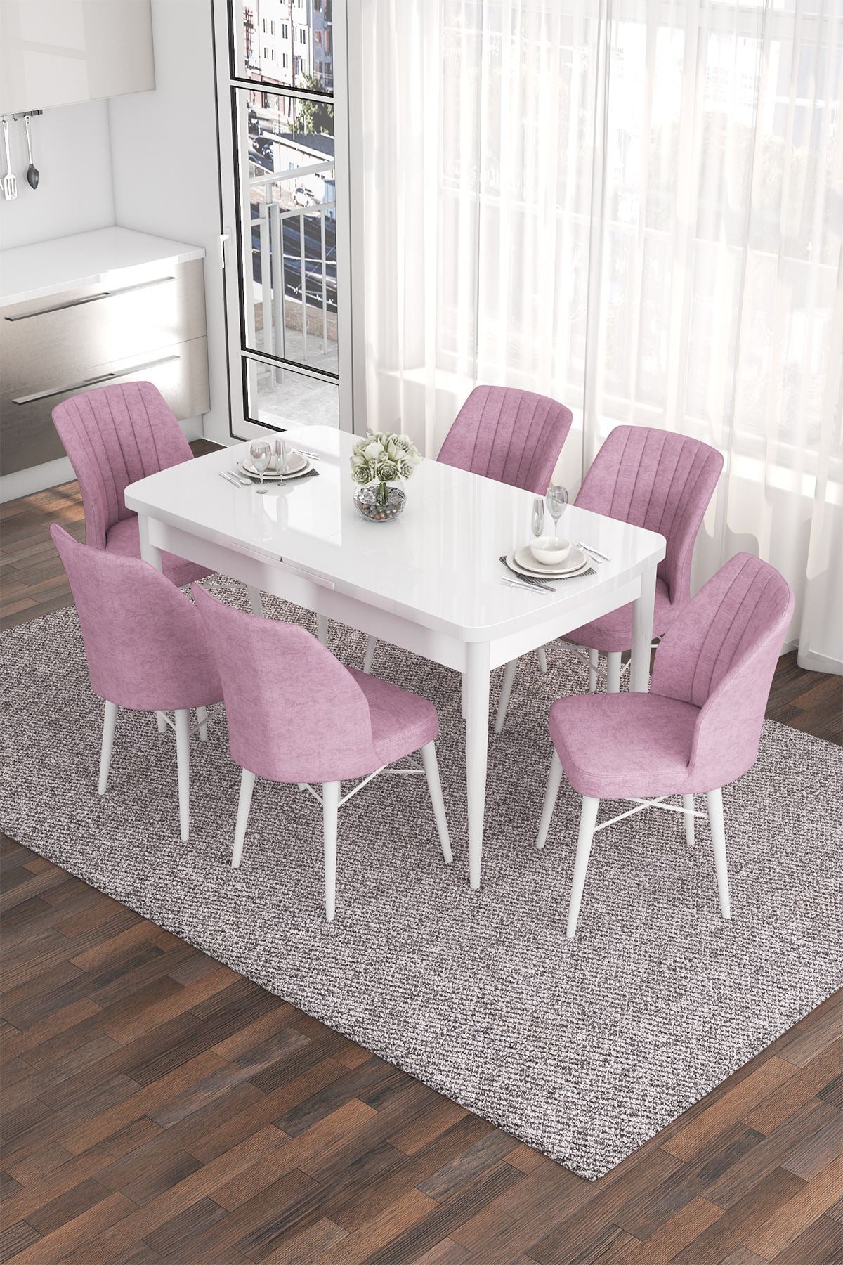 Conjunto de mesa de jantar extensível e cadeiras – 132x80 cm (Aberta: 170x80 cm) – Branco e Rosa – MDF e Madeira