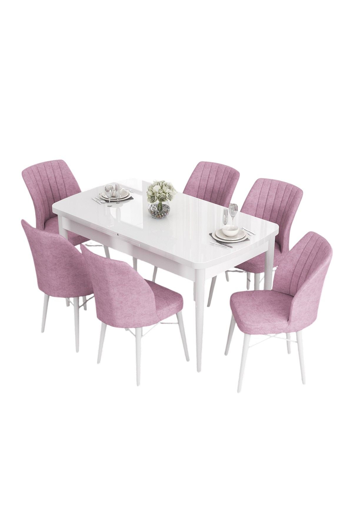 Conjunto de mesa de jantar extensível e cadeiras – 132x80 cm (Aberta: 170x80 cm) – Branco e Rosa – MDF e Madeira