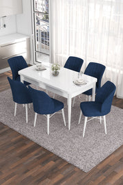 Conjunto de Mesa de Jantar Extensível e Cadeiras (7 Peças) – 132x80x78 cm (Mesa) – Branco e Azul-Marinho – MDF e Metal