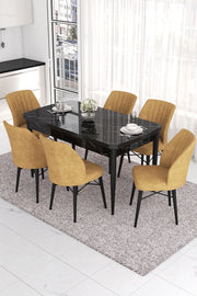 Conjunto de mesa de jantar extensível e cadeiras – 132x80x78cm – Mármore Preto e Cappuccino – MDF e metal
