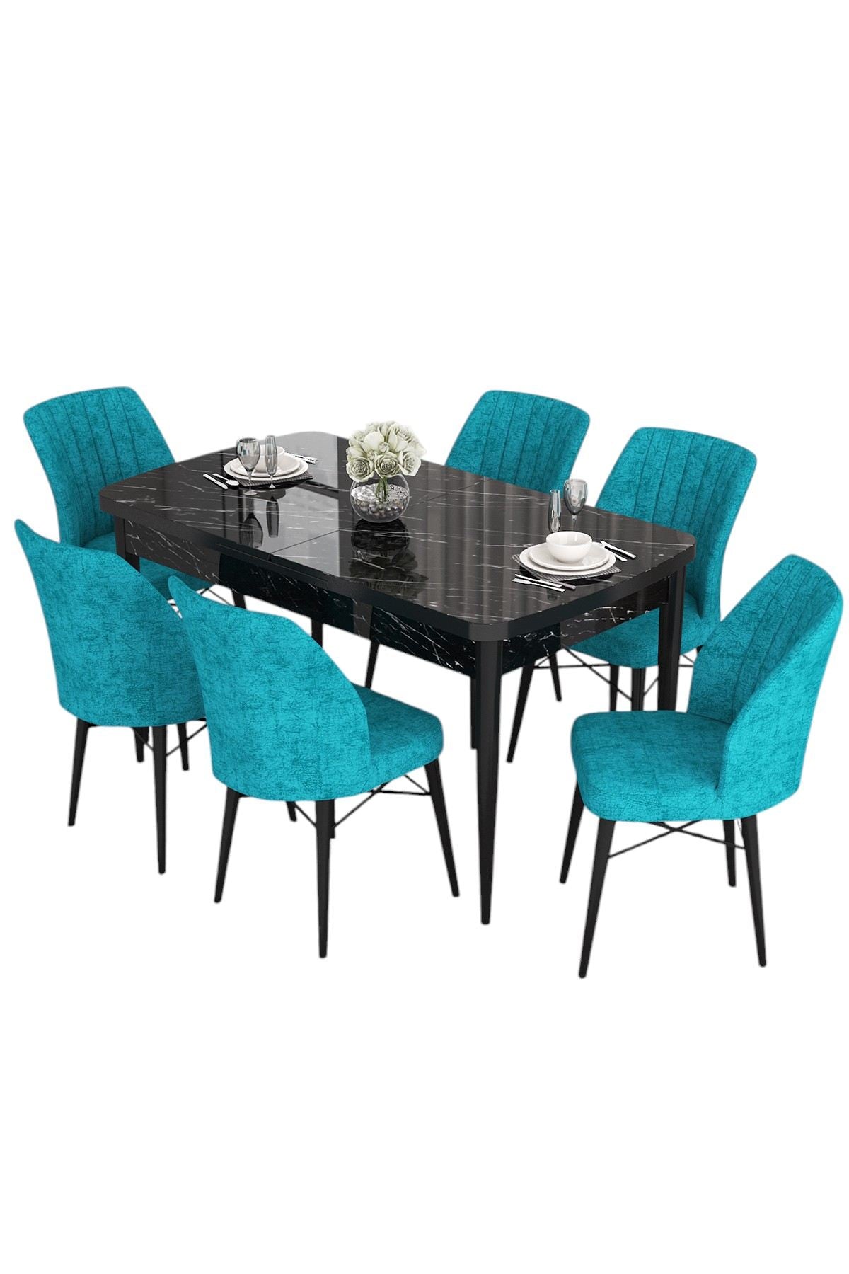 Conjunto de mesa de jantar extensível e cadeiras – 132 cm largura – Preto Mármore/Turquesa – MDF e metal