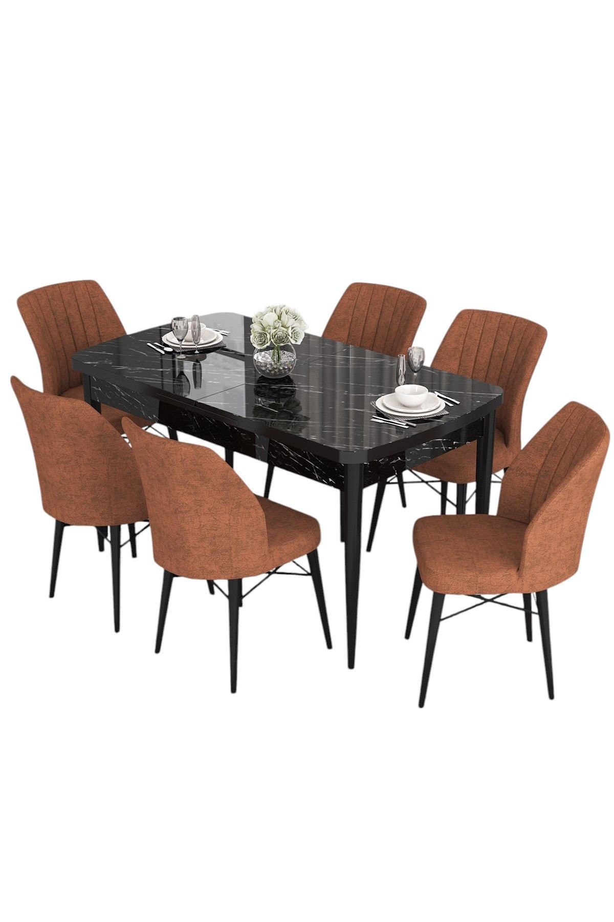 Conjunto de mesa de jantar extensível e cadeiras (7 peças) – 132x80x78 cm a 170x80x78 cm – Preto Mármore e Vermelho Telha – 100% MDF e Metal