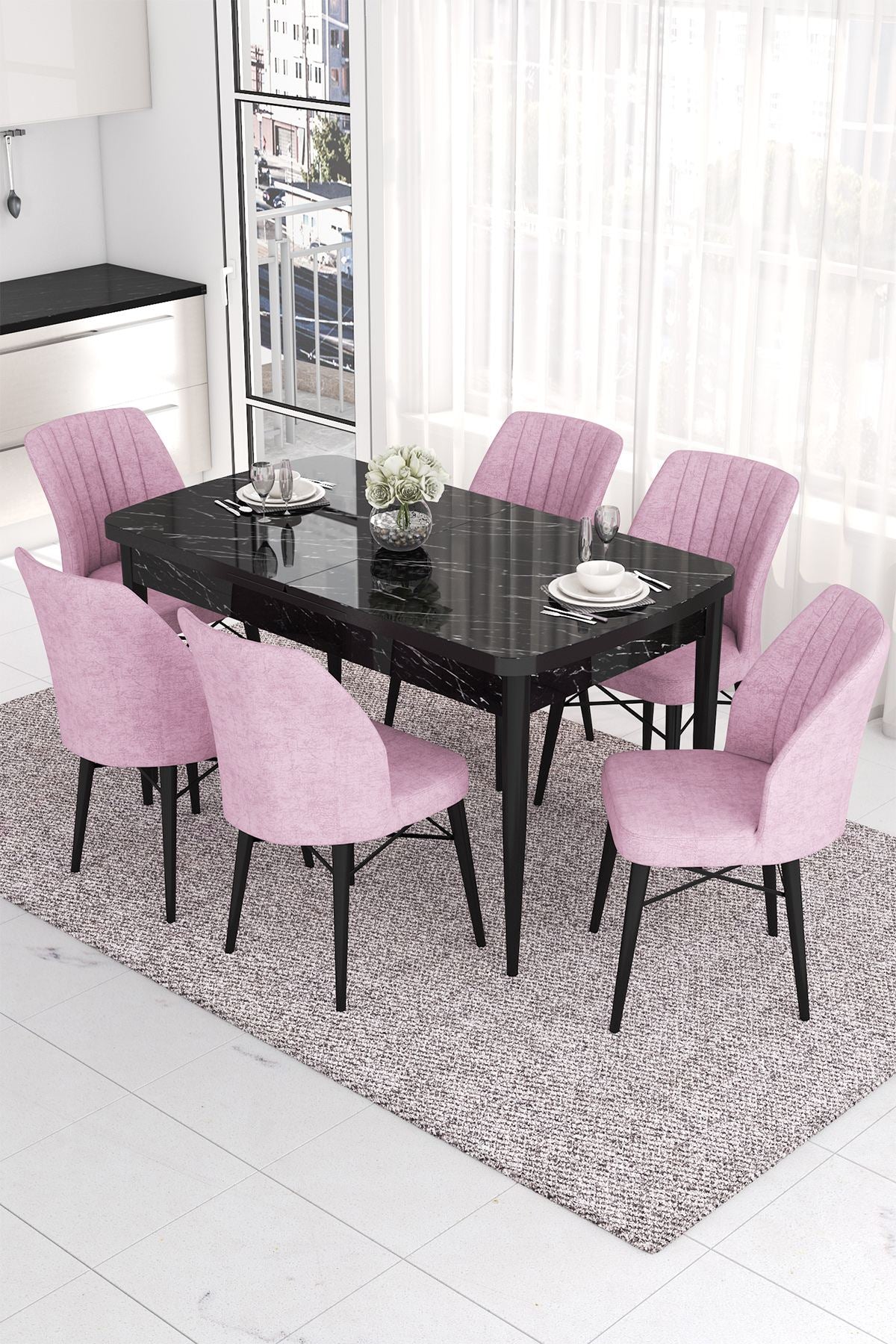 Conjunto de mesa de jantar extensível e cadeiras – 132 cm x 78 cm x 80 cm – Preto Mármore e Rosa – MDF e metal