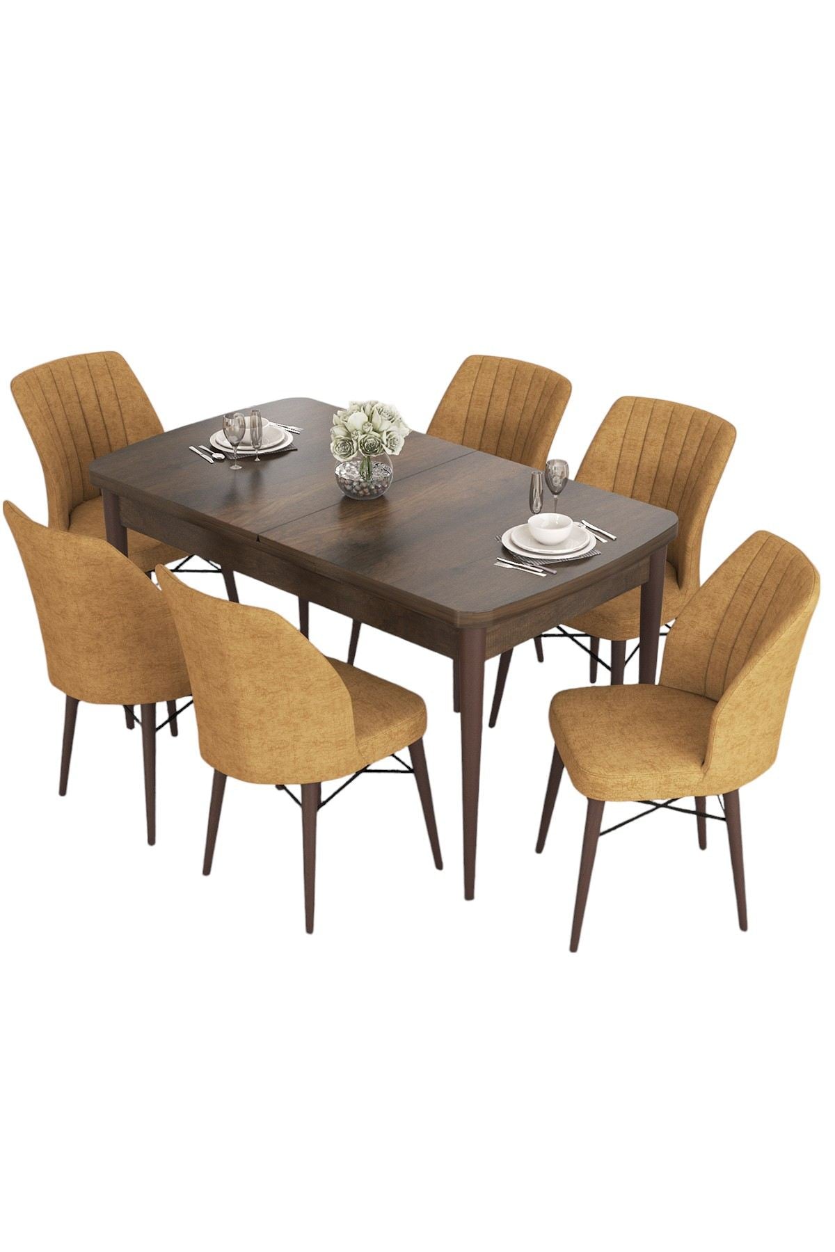 Conjunto de mesa de jantar extensível e cadeiras (7 peças) – 132x80 cm (aberta 170x80 cm) – Barroco/Cappuccino – MDF/Metal/Madeira