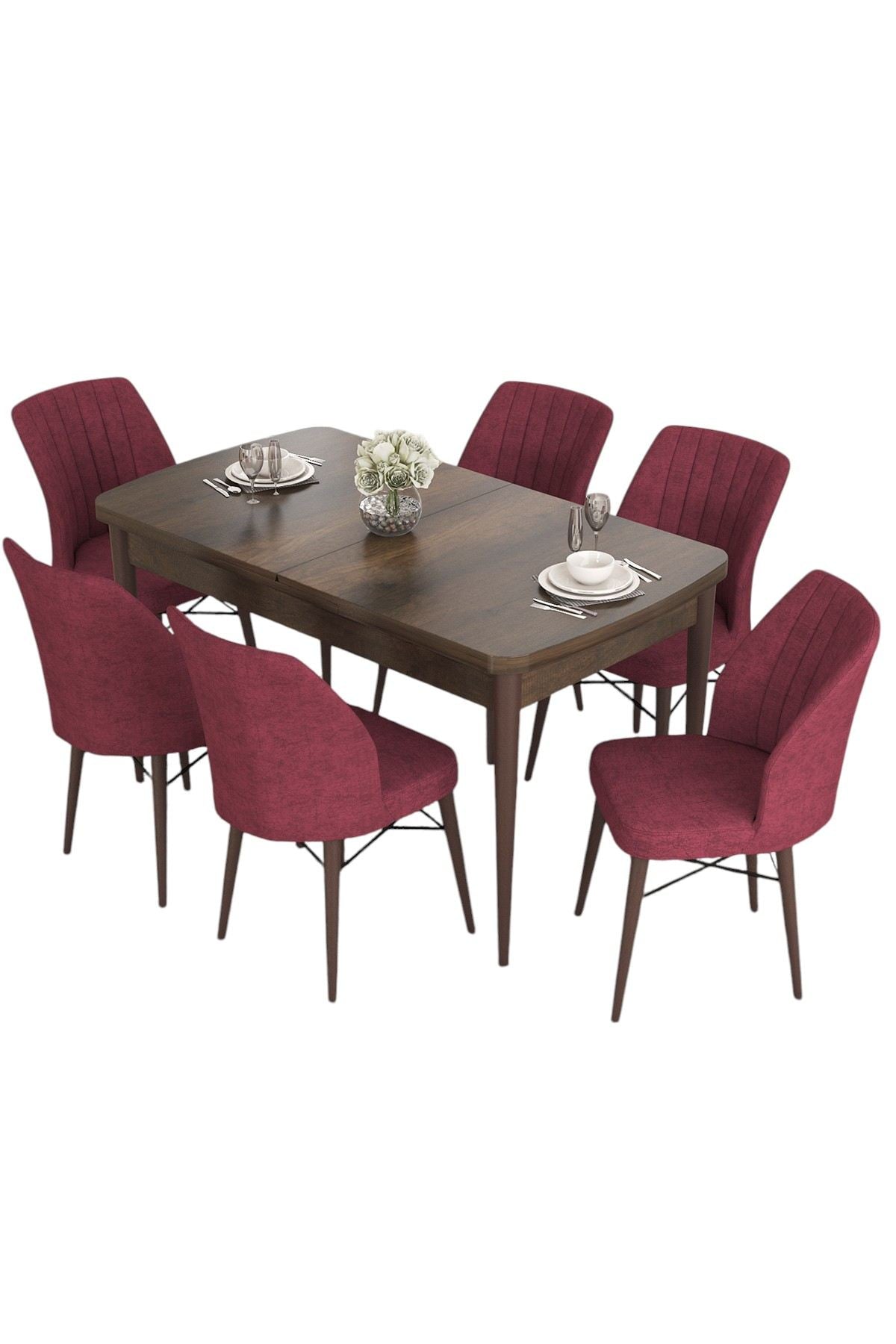 Conjunto de mesa de jantar extensível e cadeiras – 132 cm largura – Borgonha – MDF e metal