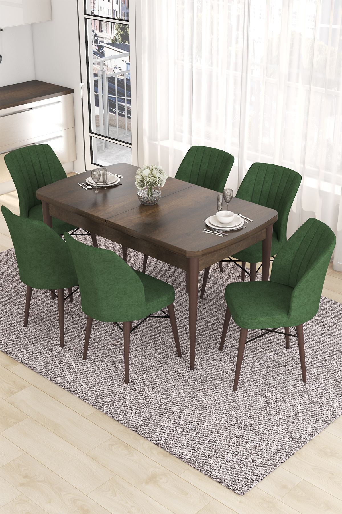 Conjunto de mesa de jantar extensível com cadeiras – 132-170 cm – Caqui – MDF e metal com patas de madeira