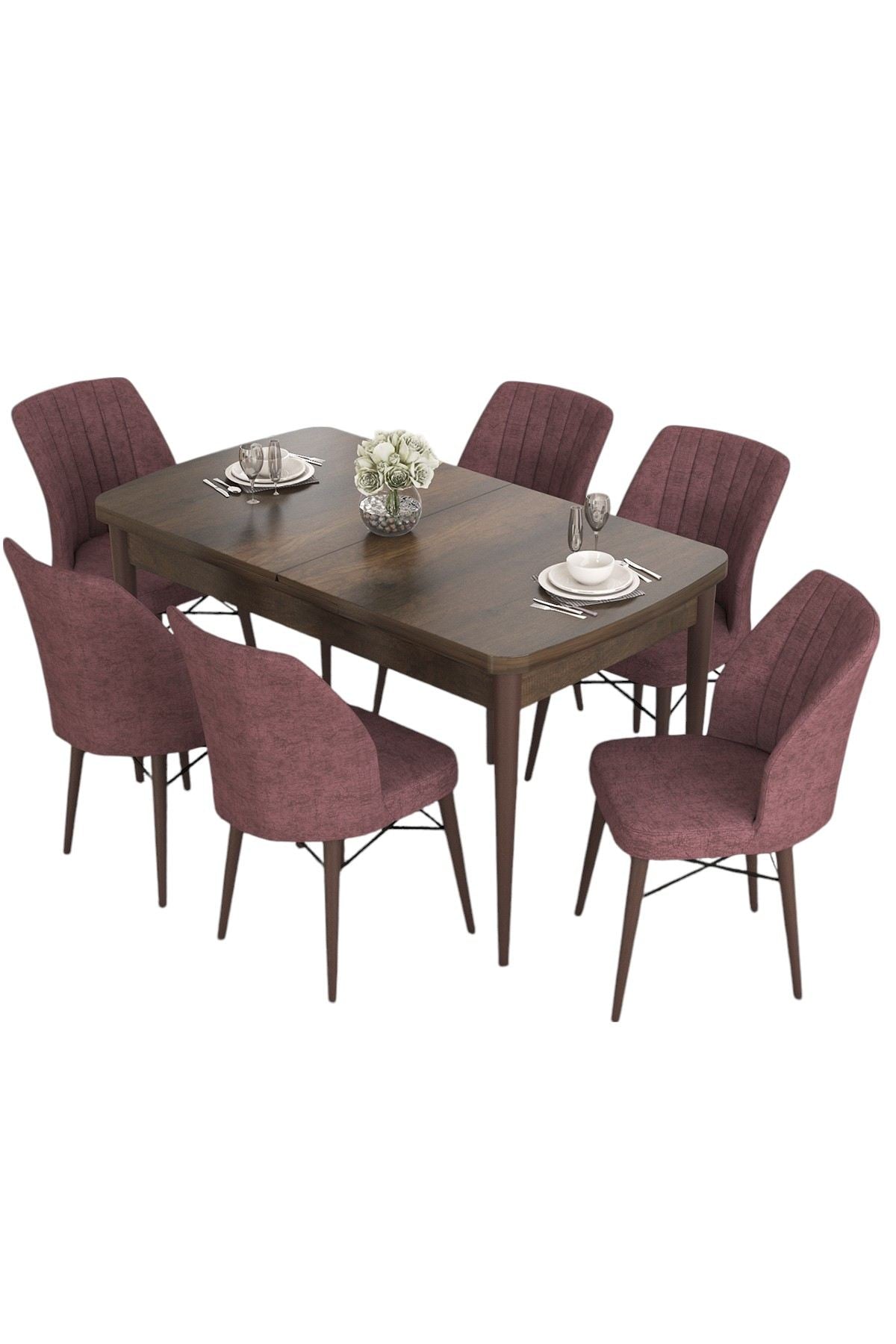 Conjunto de Mesa de Jantar e Cadeiras Extensível (7 Peças) – 132/170 cm – Barroco e Rosa Pálido – MDF e Metal