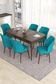 Conjunto de mesa de jantar extensível e cadeiras – 132 cm/170 cm x 78 cm x 80 cm – Barroco/Turquesa – MDF/metal