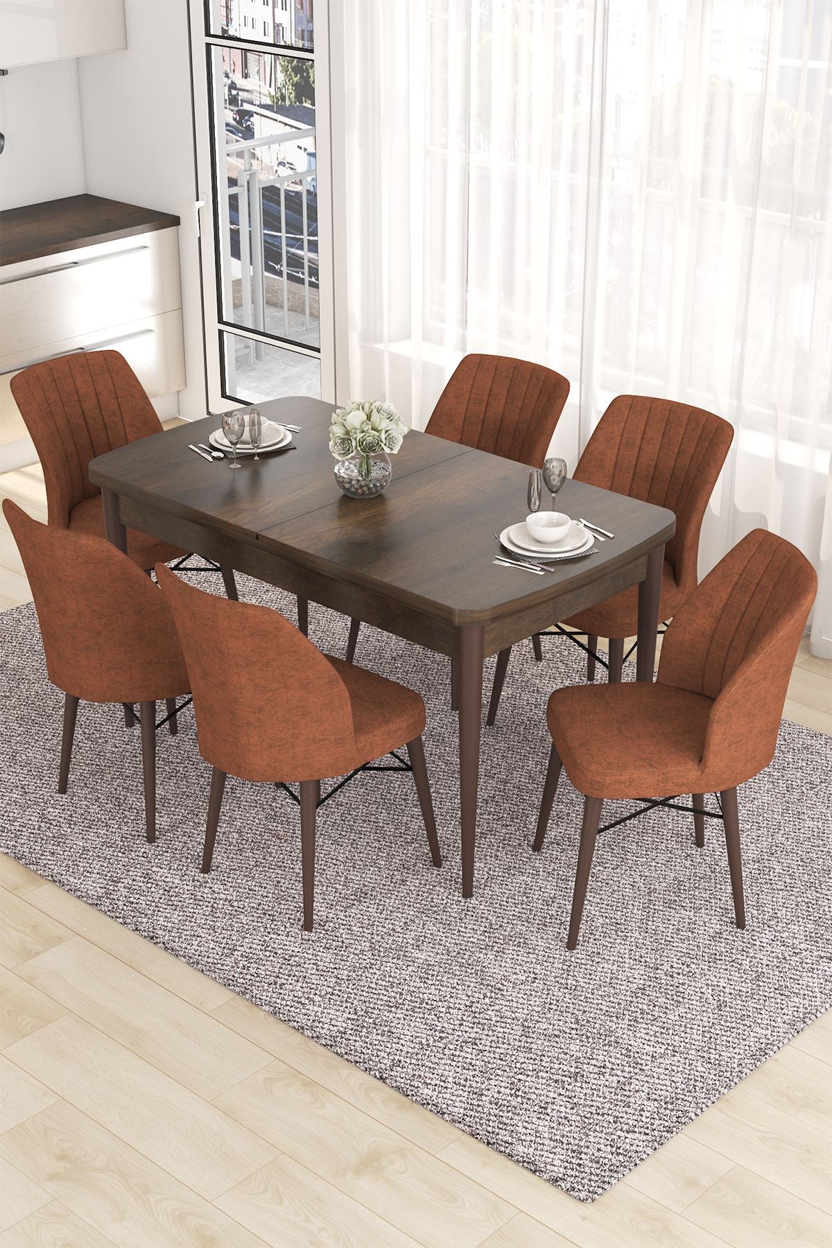 Conjunto de mesa de jantar extensível e cadeiras (7 peças) – 132x80x78 cm (mesa) – Barroco e Vermelho Azulejo – MDF e Metal