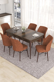 Conjunto de mesa de jantar extensível e cadeiras (7 peças) – 132x80x78 cm (mesa) – Barroco e Vermelho Azulejo – MDF e Metal