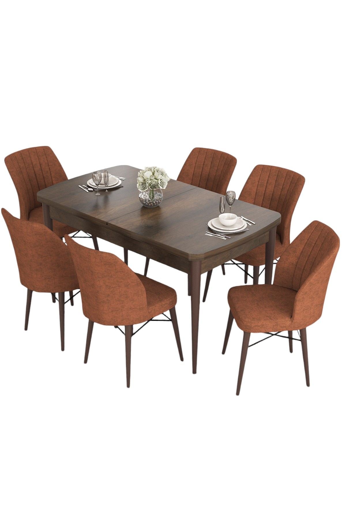 Conjunto de mesa de jantar extensível e cadeiras (7 peças) – 132x80x78 cm (mesa) – Barroco e Vermelho Azulejo – MDF e Metal